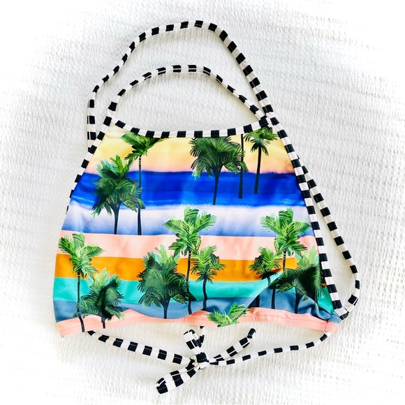 SALINAS | S | High Neck Palm Coral Sunset Bikini Black White Striped Sport Top - Picture 5 of 16